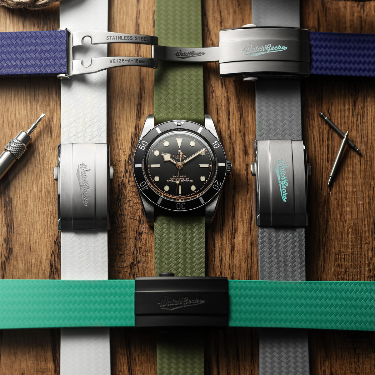 WatchGecko 400 Italian Rubber Divers Reversible Watch Strap - Dark Blue - Brushed / Polished