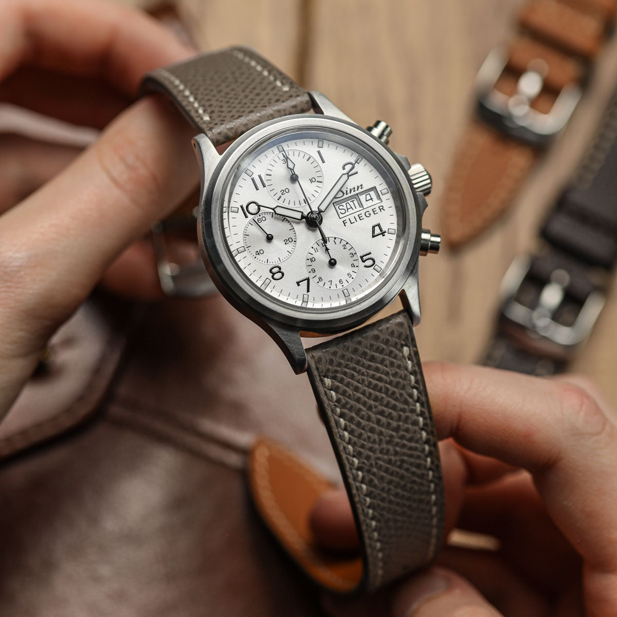 Hanley Textured Epsom Hand-Stitched Leather Watch Strap - Taupe