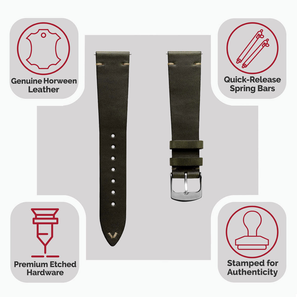 Genuine Horween Chromexcel® V-Stitch Leather Watch Strap - Olive Green