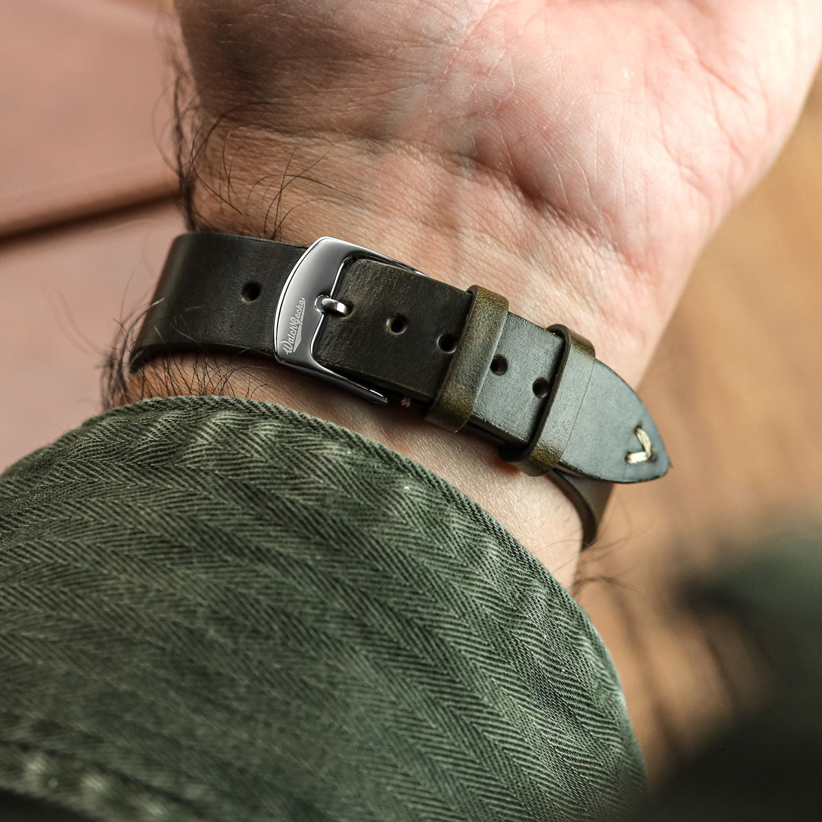 Genuine Horween Chromexcel® V-Stitch Leather Watch Strap - Olive Green