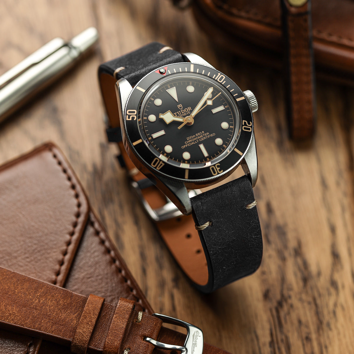 Charlbury V-Stitch Genuine Italian Leather Watch Strap - Black