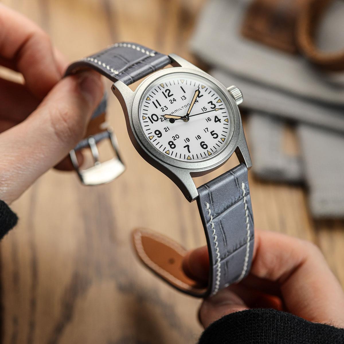 Arnhem Gator Print Genuine Leather Watch Strap - Grey
