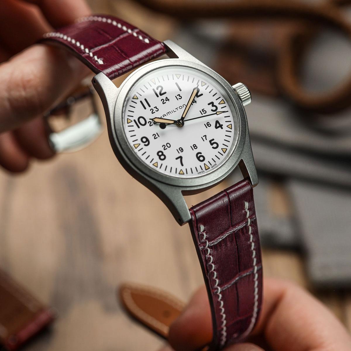 Arnhem Gator Print Genuine Leather Watch Strap - Burgundy