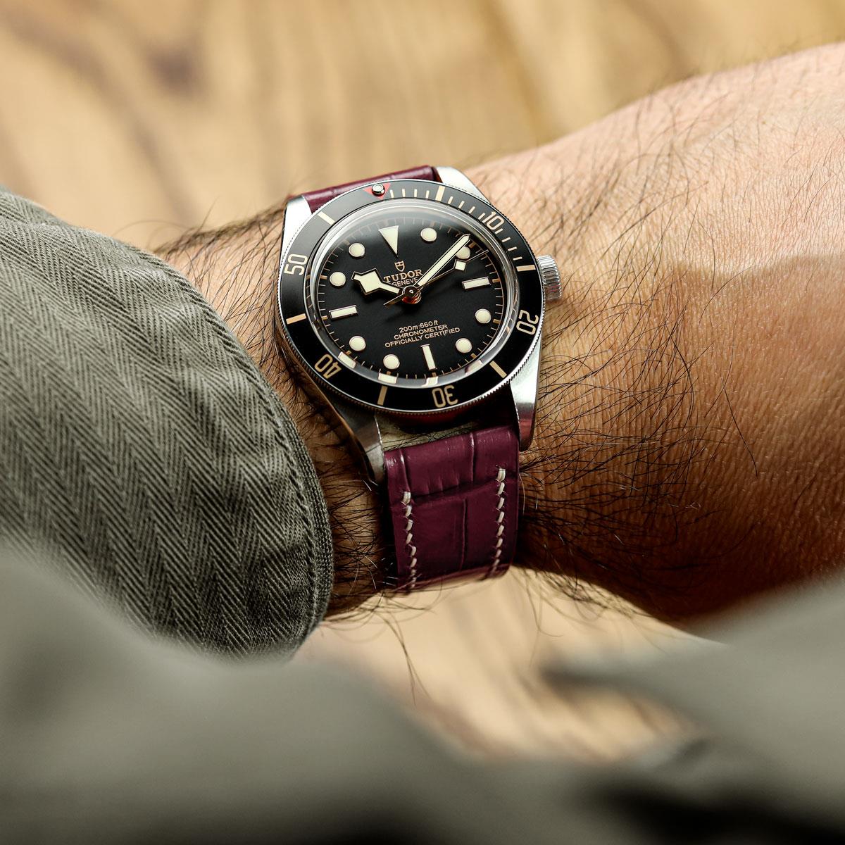 Arnhem Gator Print Genuine Leather Watch Strap - Burgundy