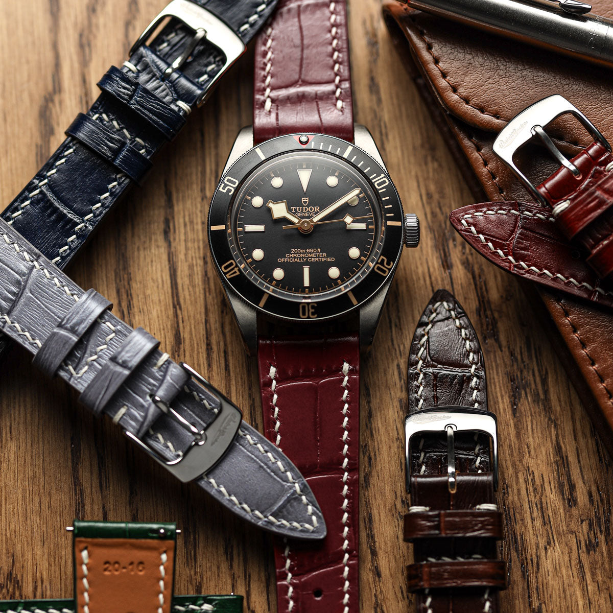 Arnhem Gator Print Genuine Leather Watch Strap - Dark Blue