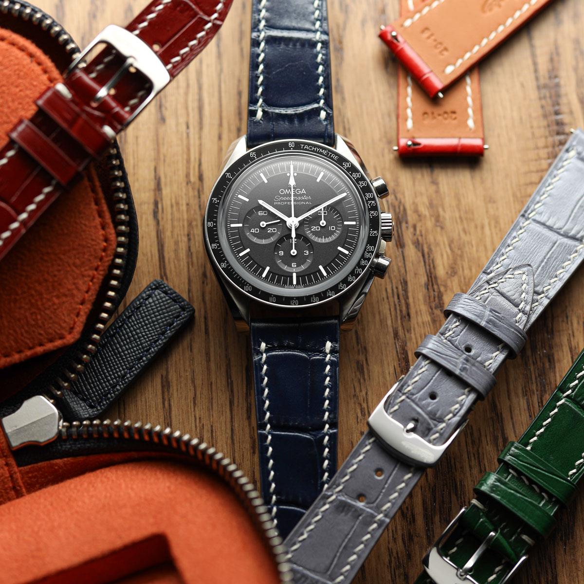 Arnhem Gator Print Genuine Leather Watch Strap - Dark Blue