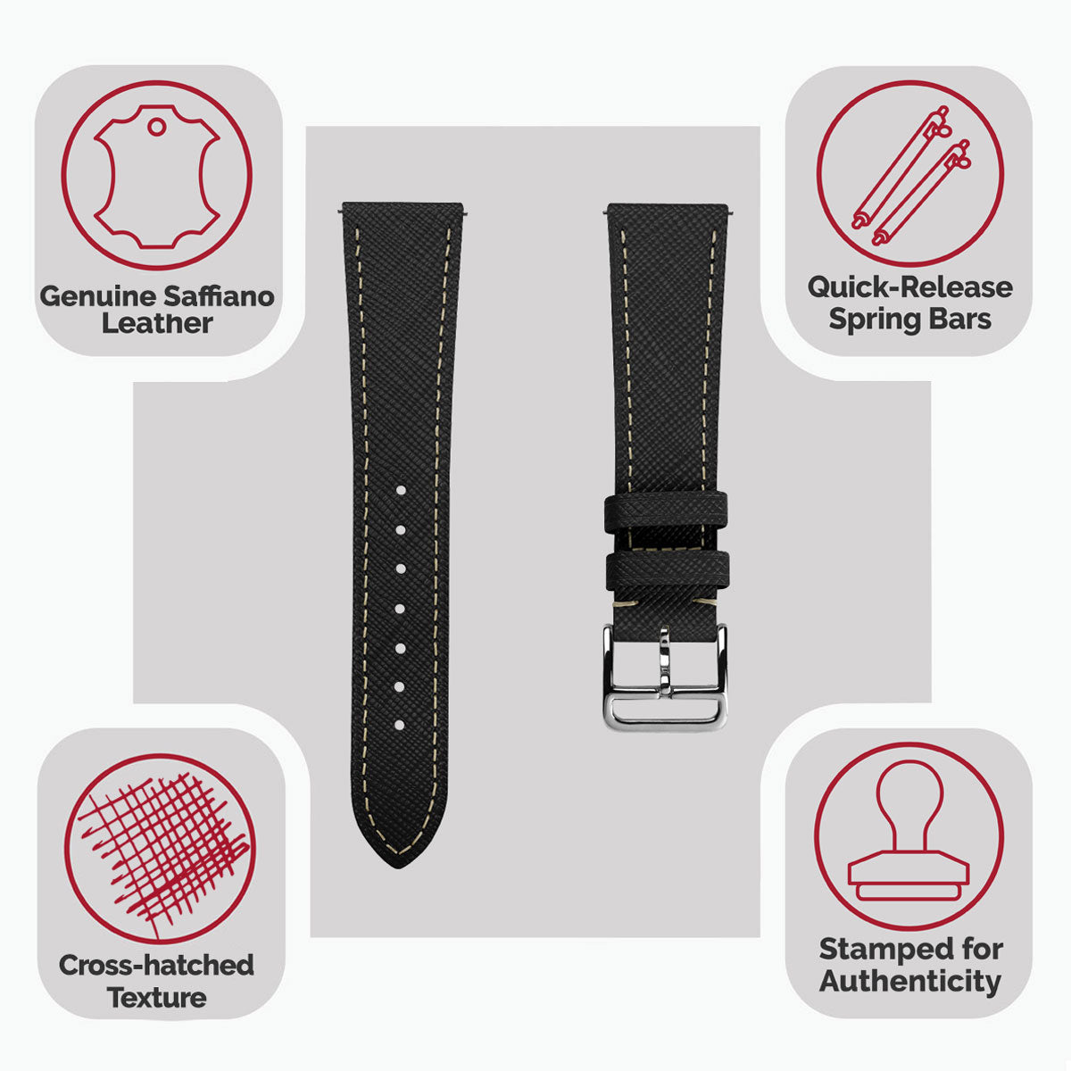 Brixham Saffiano Leather Watch Strap - Black