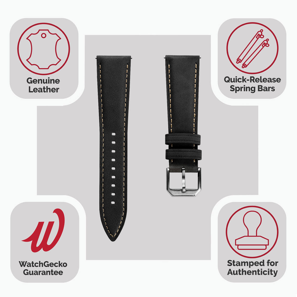 Whitby Pastel Colours Padded Leather Watch Strap - Black