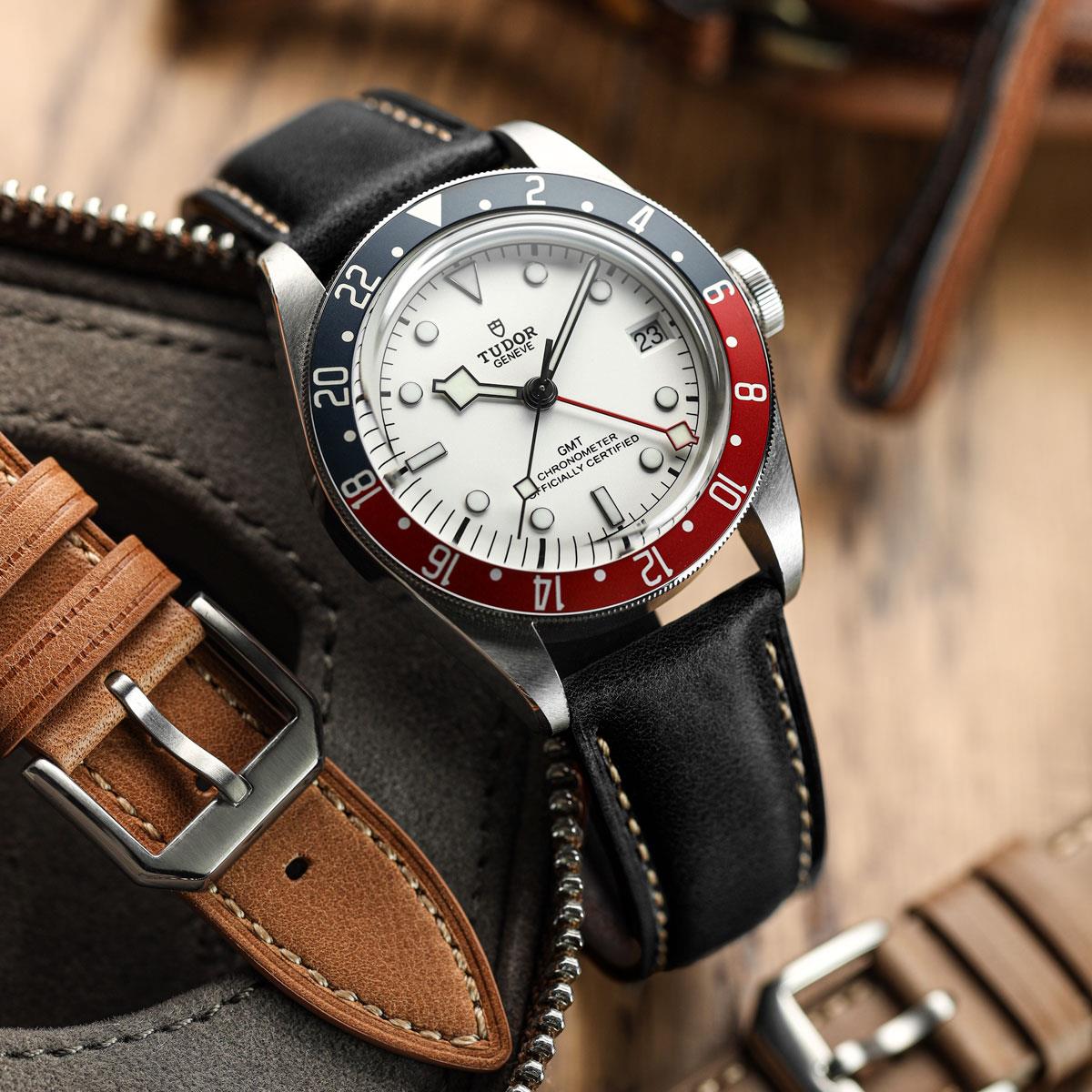 Whitby Pastel Colours Padded Leather Watch Strap - Black