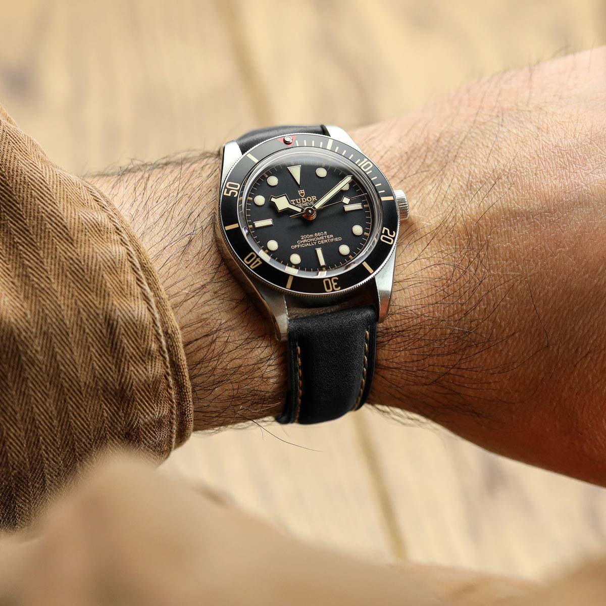 Whitby Pastel Colours Padded Leather Watch Strap - Black