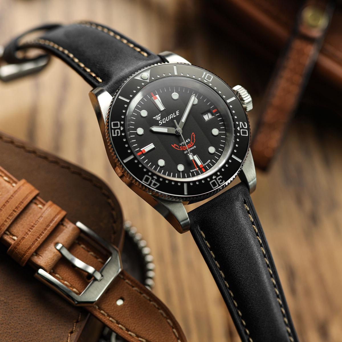 Whitby Pastel Colours Padded Leather Watch Strap - Black
