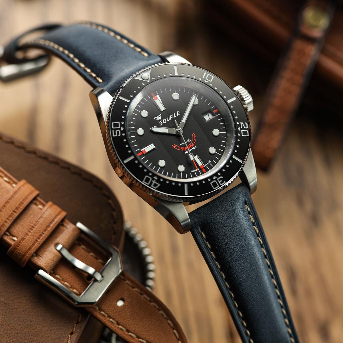Whitby Pastel Colours Padded Leather Watch Strap - Dark Blue