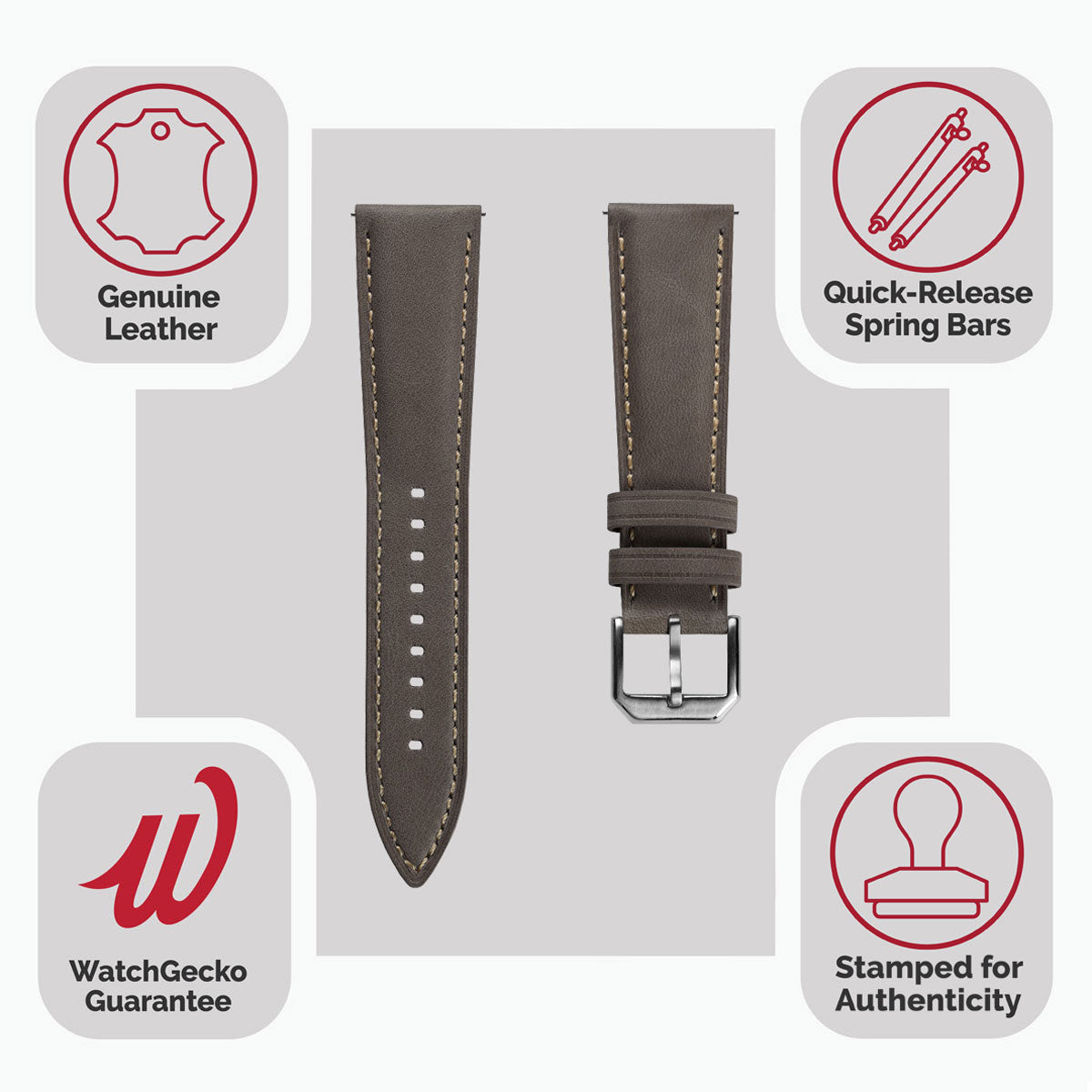 Whitby Pastel Colours Padded Leather Watch Strap - Dark Grey