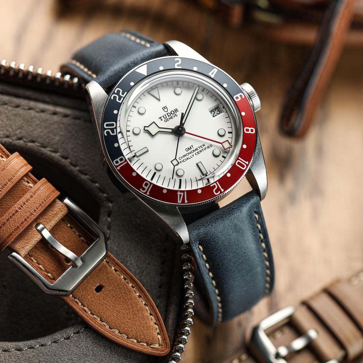 Whitby Pastel Colours Padded Leather Watch Strap - Dark Grey