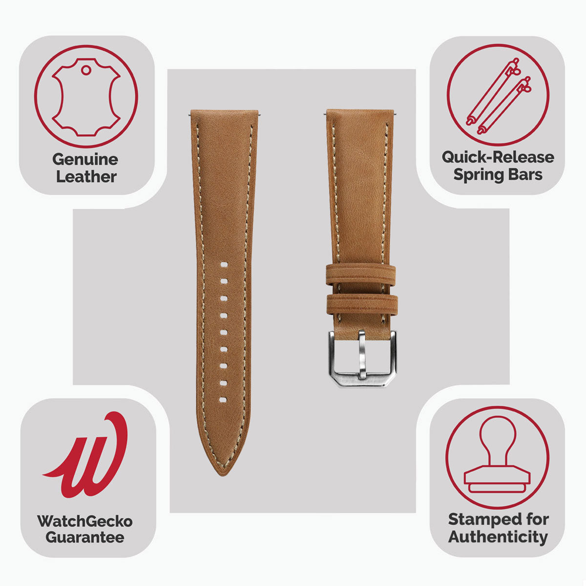 Whitby Pastel Colours Padded Leather Watch Strap - Light Brown