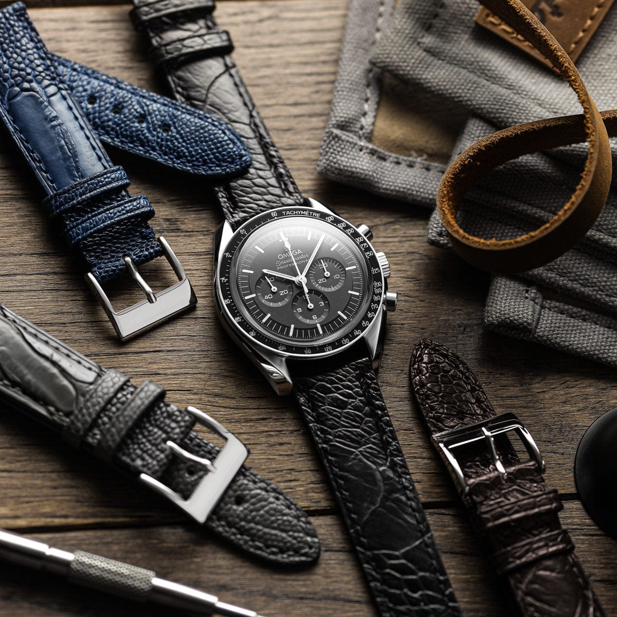 Durbuy Ostrich Leg Handmade Leather Watch Strap - Matt Blue
