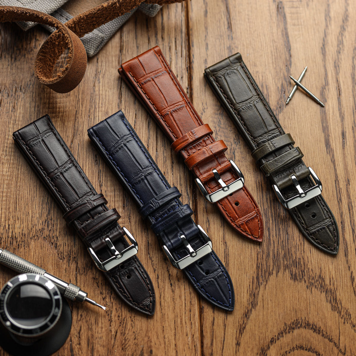 Louvain Croc Handmade Leather Watch Strap - Dark Blue