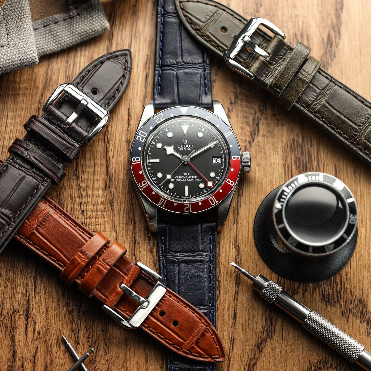Louvain Croc Handmade Leather Watch Strap - Dark Blue