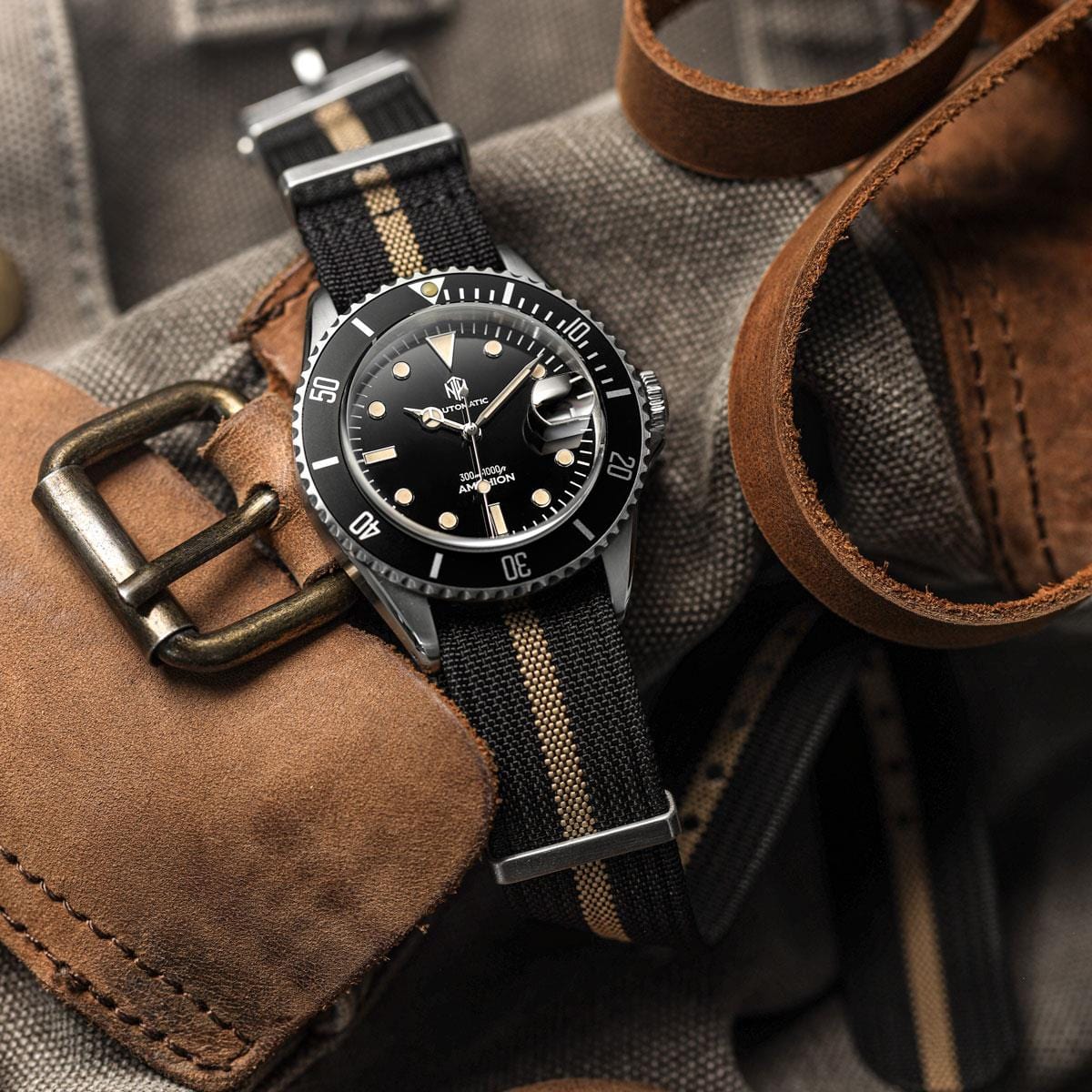 WatchGecko Ridge Military Nylon Watch Strap - Black & Beige Stripe