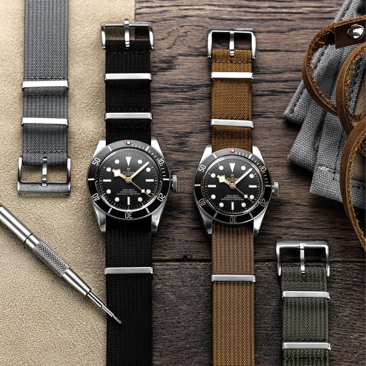 WatchGecko Ridge Military Nylon Watch Strap - Black & Beige Stripe
